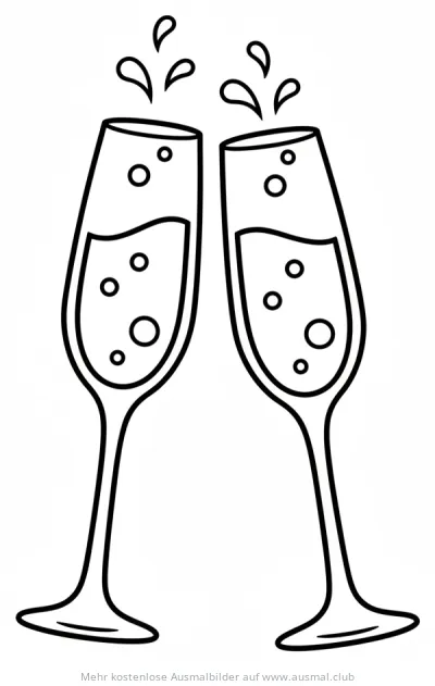 Zwei Sektgläser stoßen an, Silvester Ausmalbild