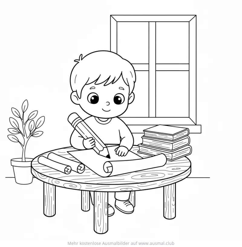 Junge schreibt Vorsätze Ausmalbild