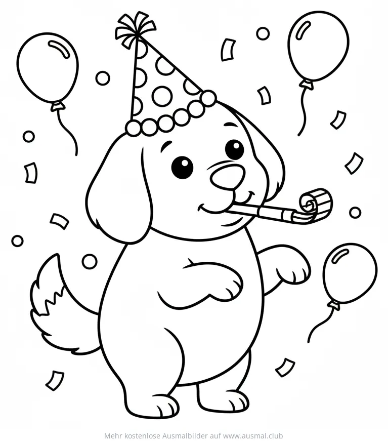 Hund mit Partyhut, Tröte, Luftballons und Konfetti Ausmalbild