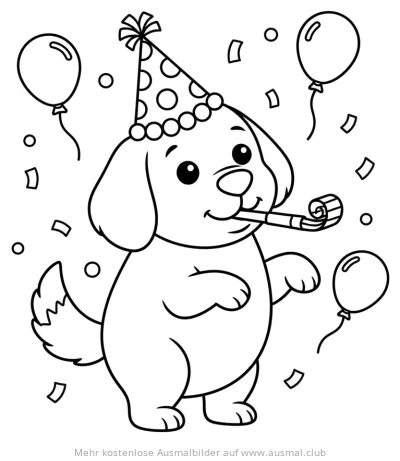 Hund mit Partyhut, Tröte, Luftballons und Konfetti Ausmalbild