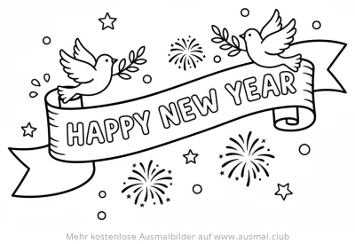 Happy New Year Banner mit Tauben und Feuerwerk Ausmalbild