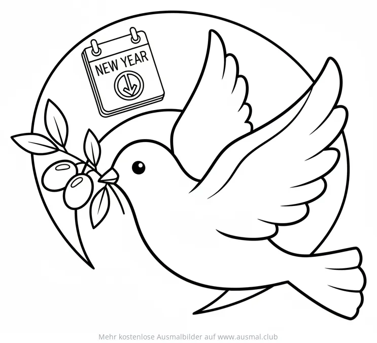 Taube mit Olivenzweig und Neujahrskalender Ausmalbild