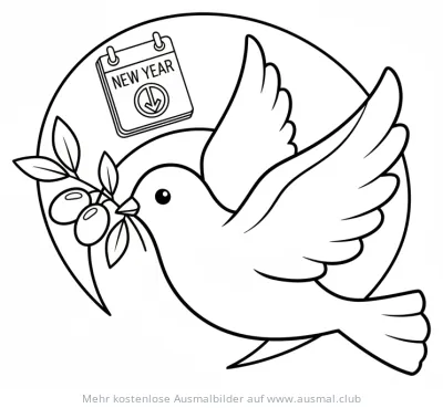 Taube mit Olivenzweig und Neujahrskalender Ausmalbild