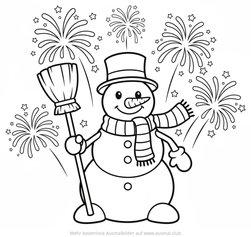Schneemann mit Zylinder und Besen vor Feuerwerk Ausmalbild