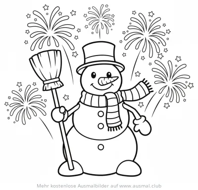 Schneemann mit Zylinder und Besen vor Feuerwerk Ausmalbild