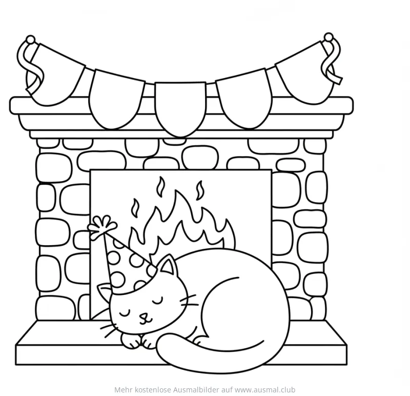 Schlafende Katze mit Partyhütchen vor Kamin Ausmalbild