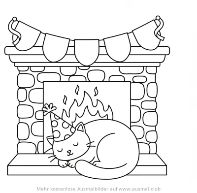 Schlafende Katze mit Partyhütchen vor Kamin Ausmalbild