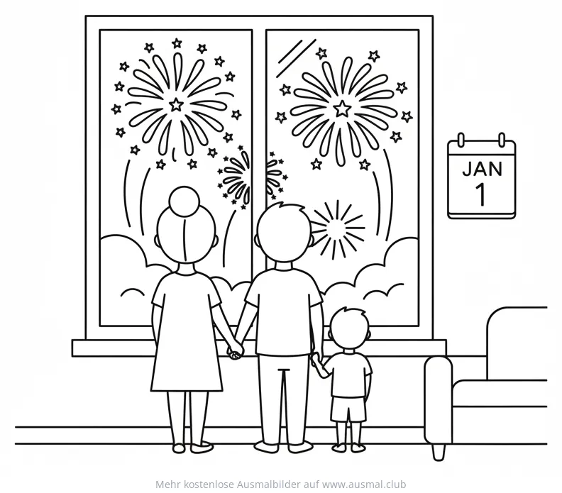 Familie schaut Feuerwerk an Silvester Ausmalbild