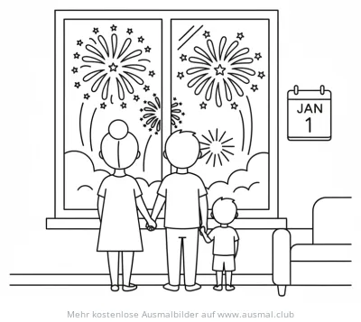 Familie schaut Feuerwerk an Silvester Ausmalbild