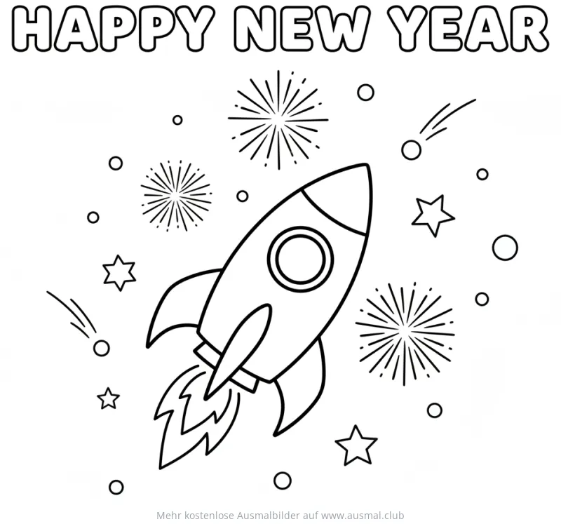 Rakete mit Feuerwerk Ausmalbild zum neuen Jahr