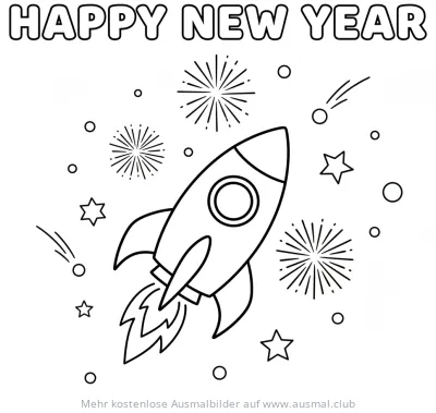Rakete mit Feuerwerk Ausmalbild zum neuen Jahr