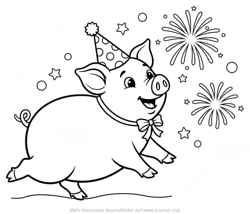 Schwein mit Partyhut und Feuerwerk Ausmalbild
