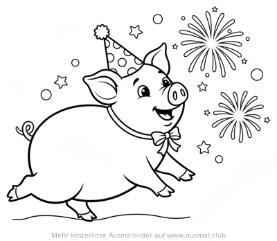 Schwein mit Partyhut und Feuerwerk Ausmalbild