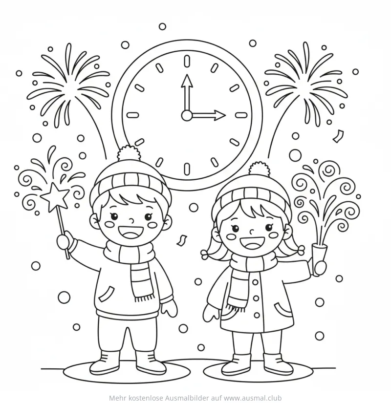 Zwei Kinder mit Wunderkerzen vor einer Uhr an Silvester Ausmalbild