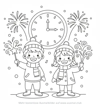 Zwei Kinder mit Wunderkerzen vor einer Uhr an Silvester Ausmalbild