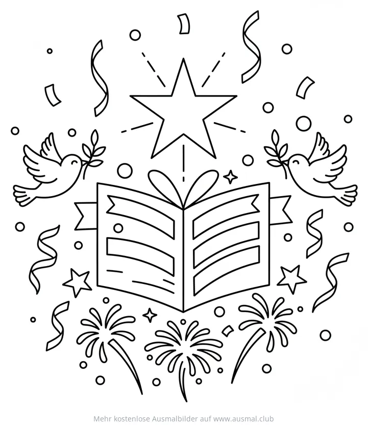 Silvesterkarte mit Tauben, Stern, Konfetti und Feuerwerk Ausmalbild