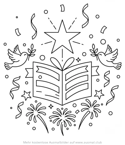 Silvesterkarte mit Tauben, Stern, Konfetti und Feuerwerk Ausmalbild