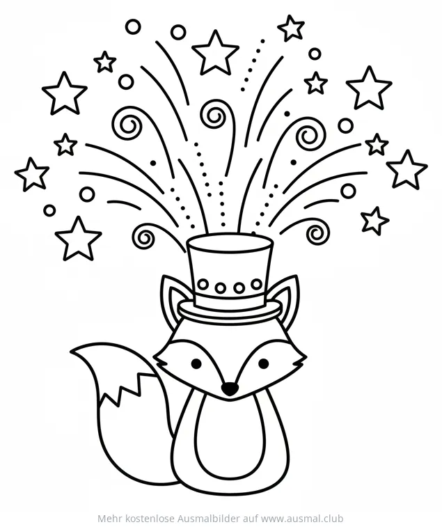 Silvester Fuchs mit Zylinder und Feuerwerk Ausmalbild