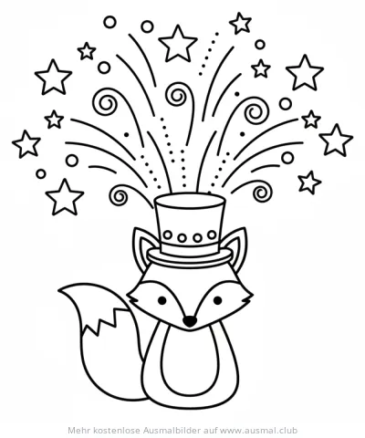 Silvester Fuchs mit Zylinder und Feuerwerk Ausmalbild