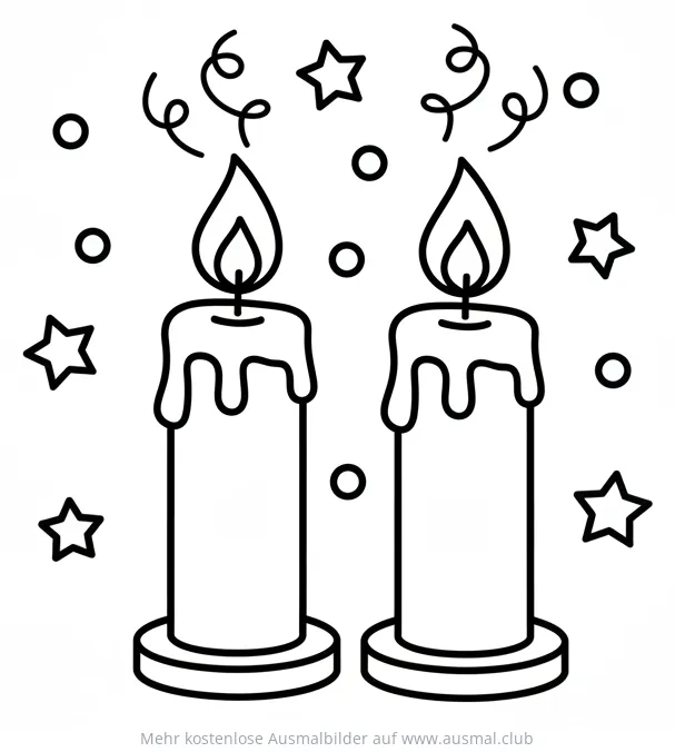 Zwei Kerzen mit Sternen und Konfetti Ausmalbild