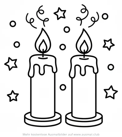 Zwei Kerzen mit Sternen und Konfetti Ausmalbild