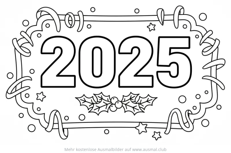 Silvester Ausmalbild 2025 mit Sternen und Luftschlangen
