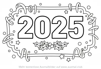 Silvester Ausmalbild 2025 mit Sternen und Luftschlangen