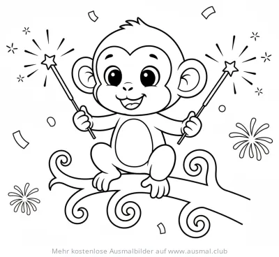 Affe mit Wunderkerzen auf Ast, Silvester Ausmalbild