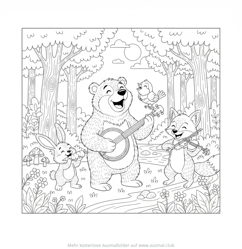 Bär, Fuchs, Hase und Vogel musizieren im Wald Ausmalbild