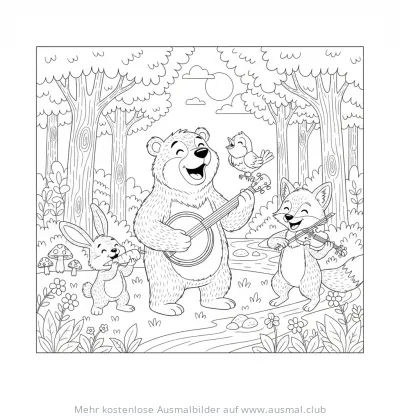 Bär, Fuchs, Hase und Vogel musizieren im Wald Ausmalbild