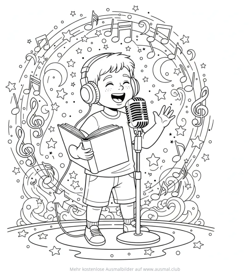 Junge mit Kopfhörern singt mit Mikrofon und Noten Ausmalbild