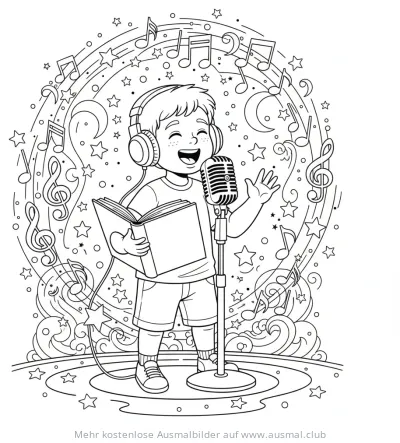 Junge mit Kopfhörern singt mit Mikrofon und Noten Ausmalbild