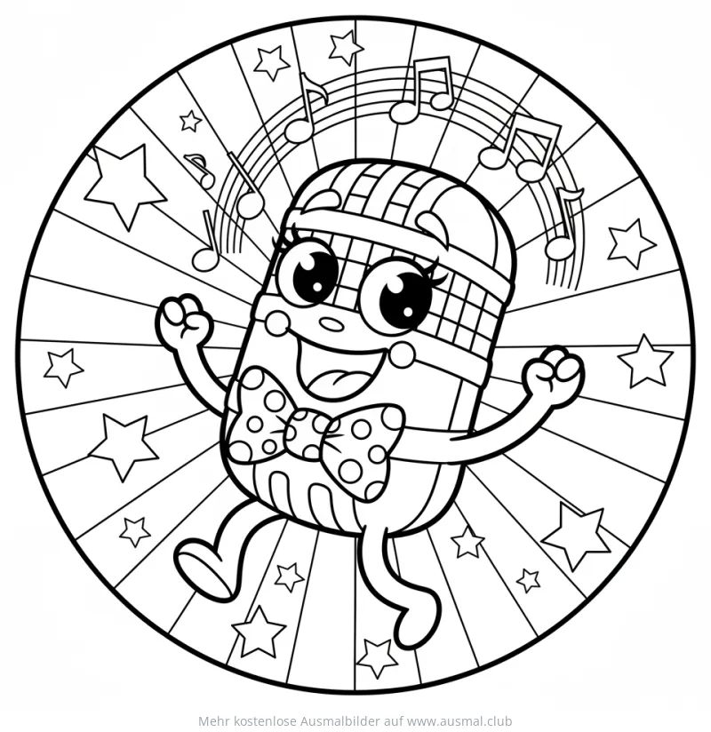 Fröhliches Mikrofon mit Fliege und Noten Ausmalbild