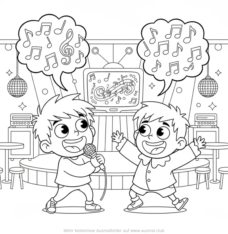 Kinder singen Karaoke Ausmalbild mit Noten