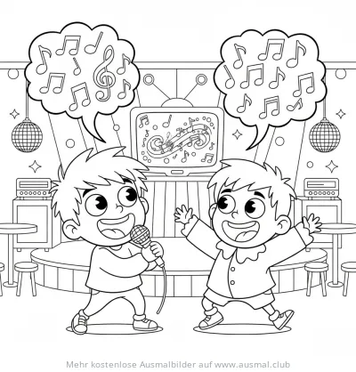 Kinder singen Karaoke Ausmalbild mit Noten