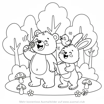 Bär, Hase und Vogel singen im Wald Ausmalbild