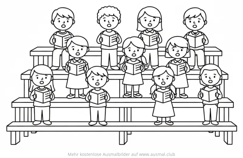 Kinderchor auf Bühne singt aus Büchern Ausmalbild