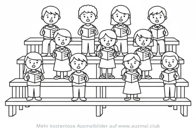 Kinderchor auf Bühne singt aus Büchern Ausmalbild
