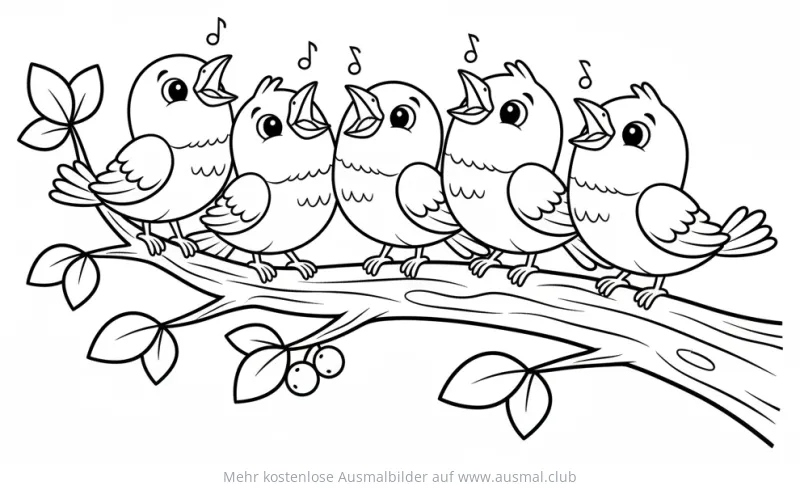 Fünf singende Vögel auf einem Ast Ausmalbild