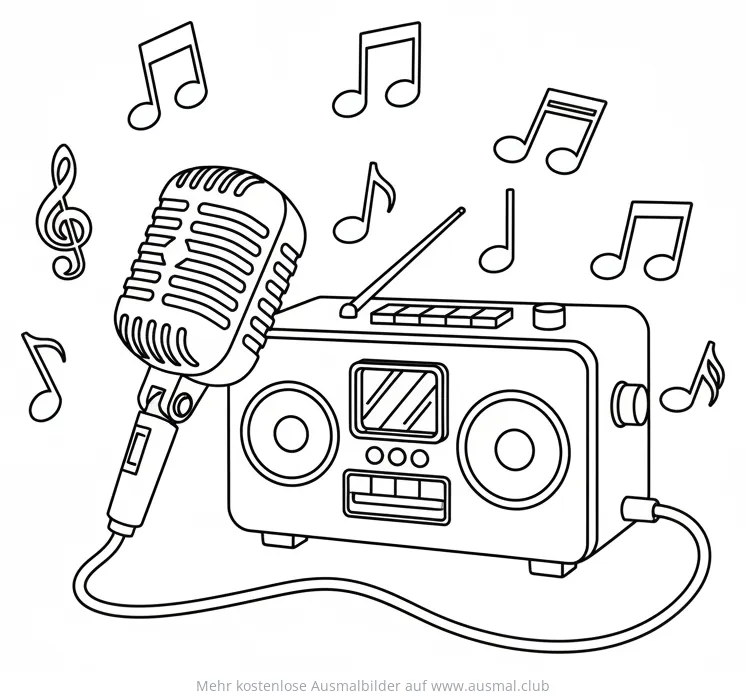 Karaoke Maschine mit Mikrofon und Noten Ausmalbild