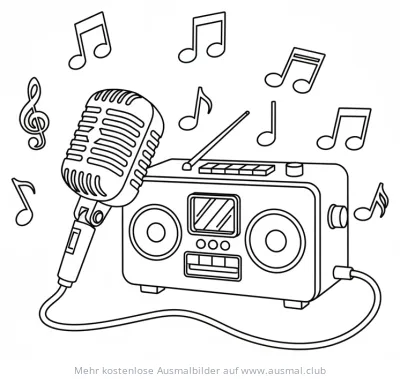 Karaoke Maschine mit Mikrofon und Noten Ausmalbild