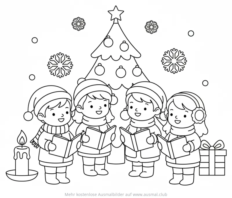 Kinder singen Weihnachtslieder vor Weihnachtsbaum Ausmalbild