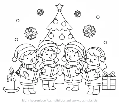Kinder singen Weihnachtslieder vor Weihnachtsbaum Ausmalbild