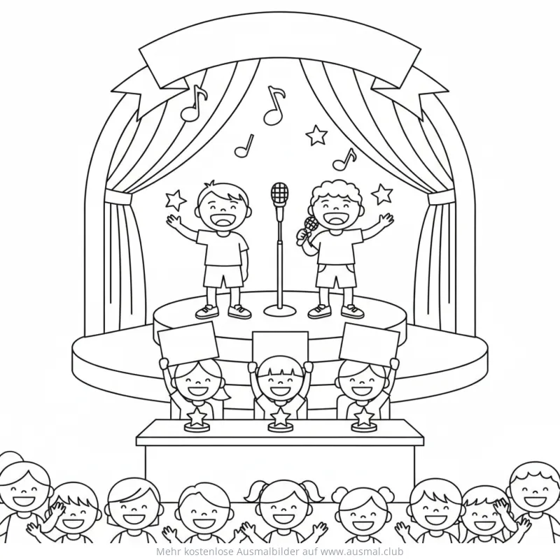 Gesangswettbewerb Ausmalbild mit Kindern auf der Bühne