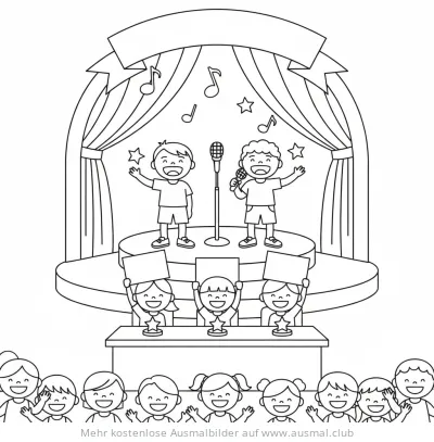 Gesangswettbewerb Ausmalbild mit Kindern auf der Bühne