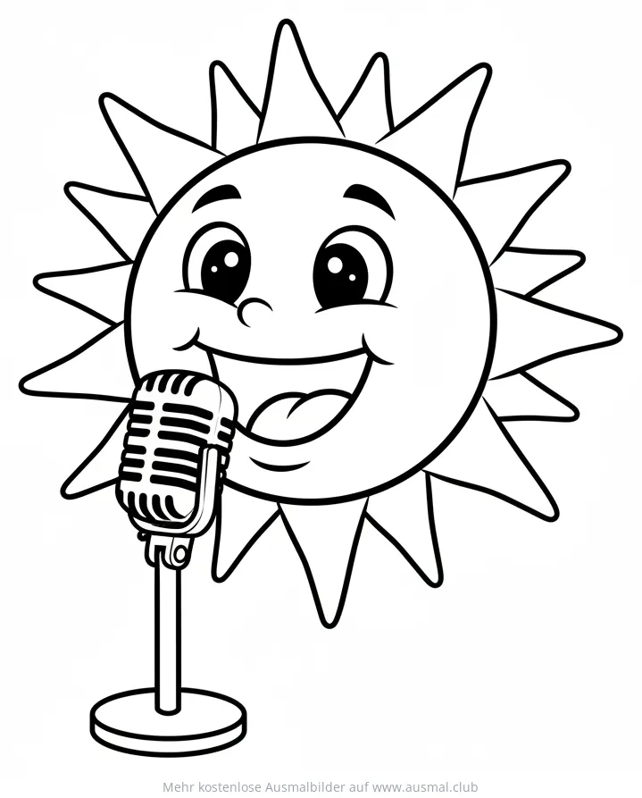 Lachende Sonne singt mit Mikrofon Ausmalbild