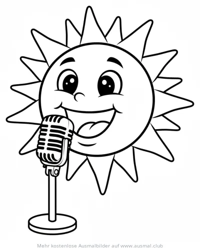 Lachende Sonne singt mit Mikrofon Ausmalbild