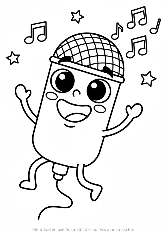 Fröhliches Mikrofon Cartoon mit Noten und Sternen Ausmalbild