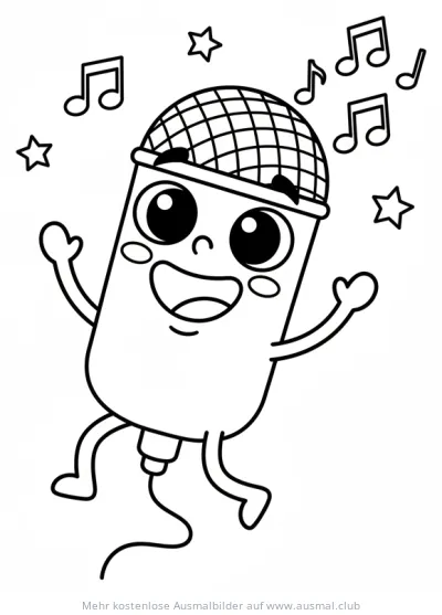 Fröhliches Mikrofon Cartoon mit Noten und Sternen Ausmalbild