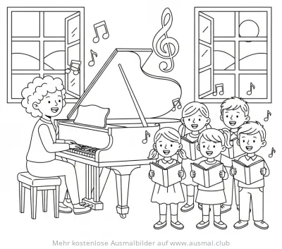 Musikunterricht: Lehrerin am Klavier mit singendem Kinderchor Ausmalbild